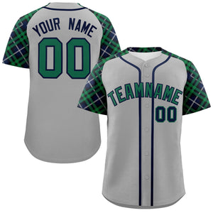 Custom Gray Kelly Green-Navy Personalized Raglan Sleeves Authentic Baseball Jersey