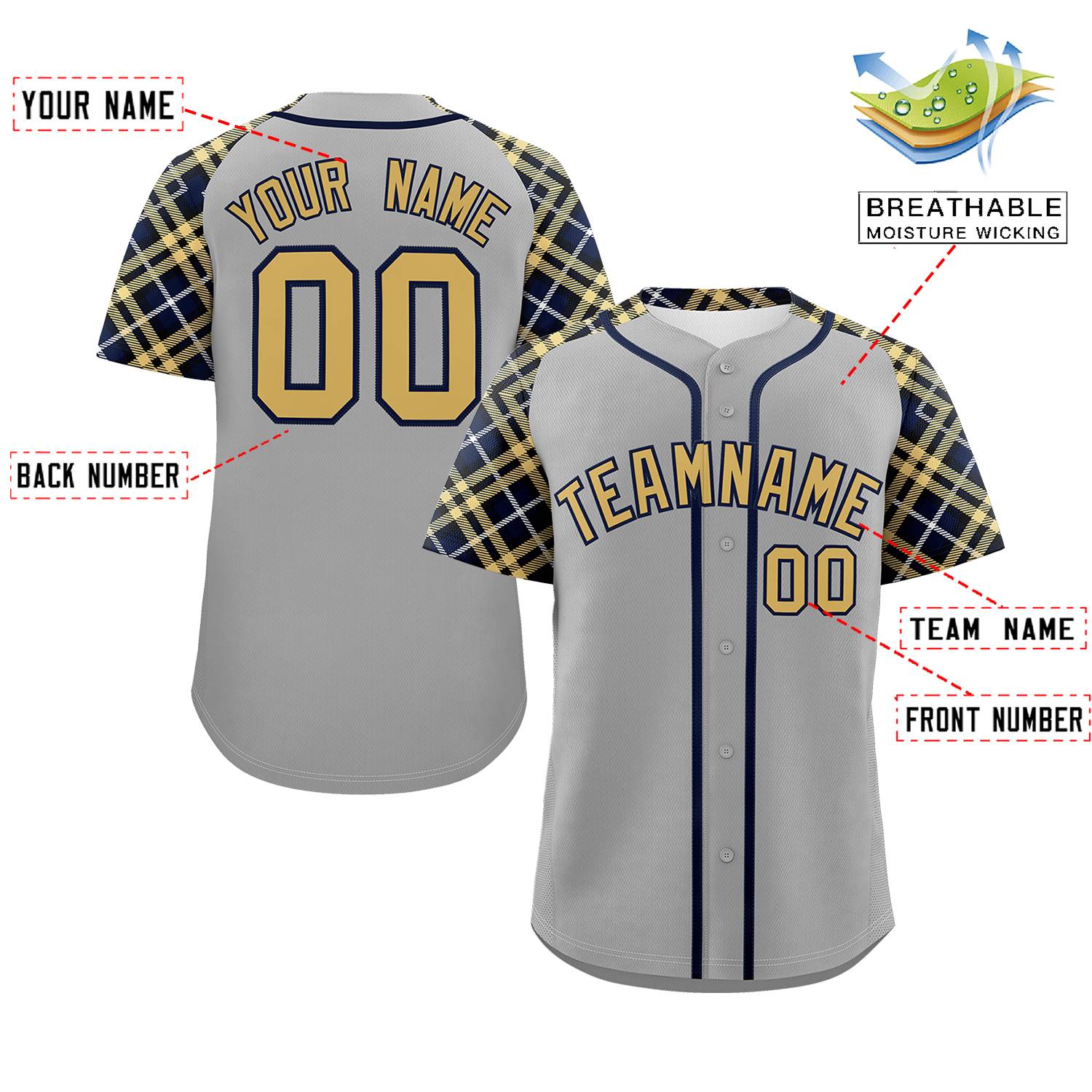 Custom Gray Old Gold-Navy Personalized Raglan Sleeves Authentic Baseball Jersey