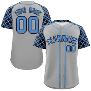 Custom Gray Light Blue-Navy Personalized Raglan Sleeves Authentic Baseball Jersey