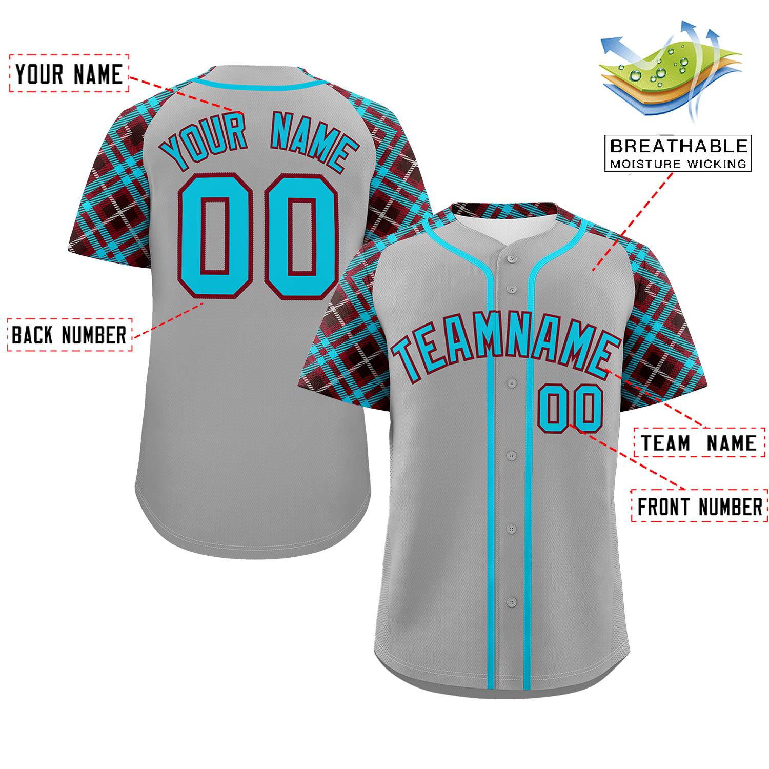 Custom Gray Sky Blue-Crimson Personalized Raglan Sleeves Authentic Baseball Jersey