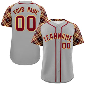 Custom Gray Red-Khaki Personalized Raglan Sleeves Authentic Baseball Jersey