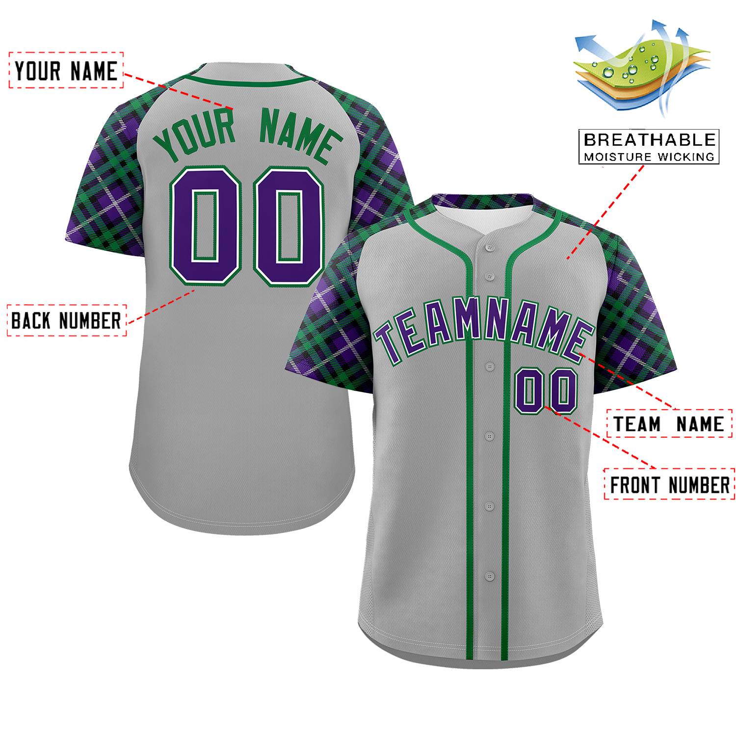 Custom Gray Purple-Teal Personalized Raglan Sleeves Authentic Baseball Jersey