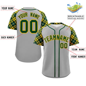 Custom Gray Green-Gold Personalized Raglan Sleeves Authentic Baseball Jersey