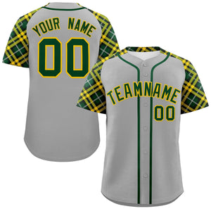 Custom Gray Green-Gold Personalized Raglan Sleeves Authentic Baseball Jersey