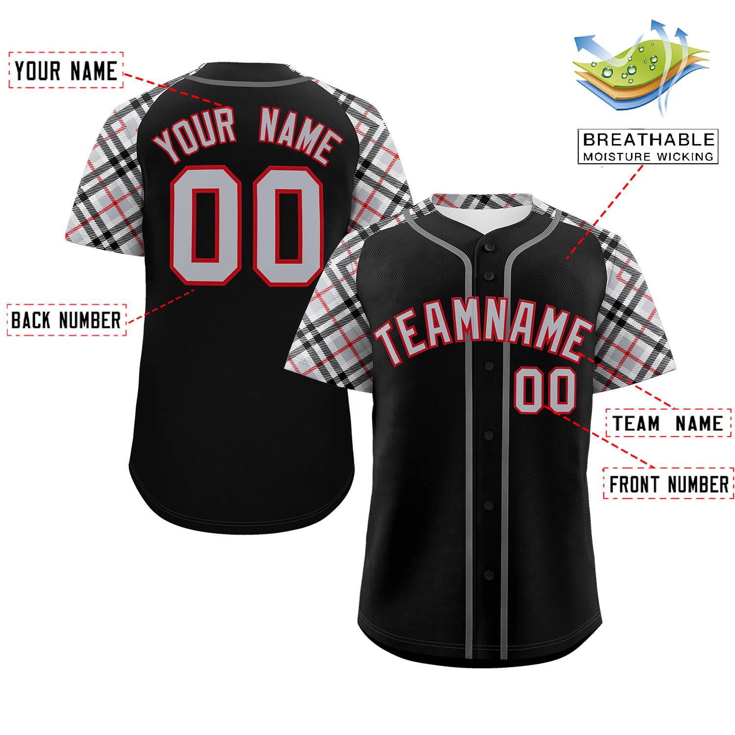 Custom Black Gray-Red Personalized Raglan Sleeves Authentic Baseball Jersey