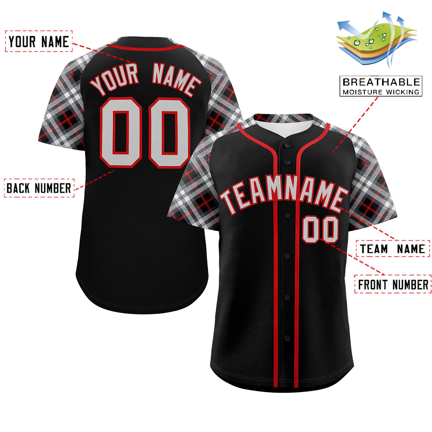 Custom Black Gray-Red Personalized Raglan Sleeves Authentic Baseball Jersey