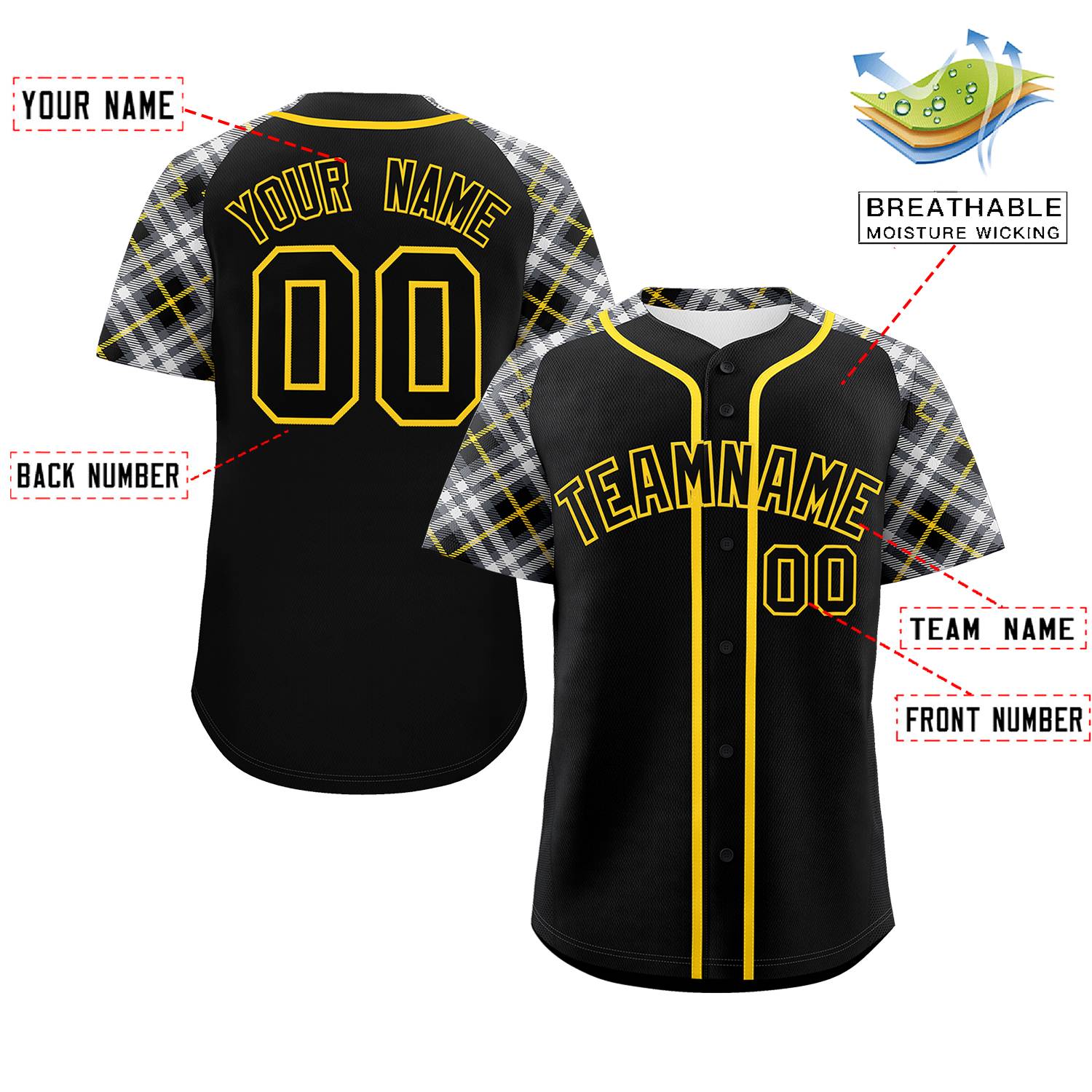 Custom Black Black-Gold Personalized Raglan Sleeves Authentic Baseball Jersey