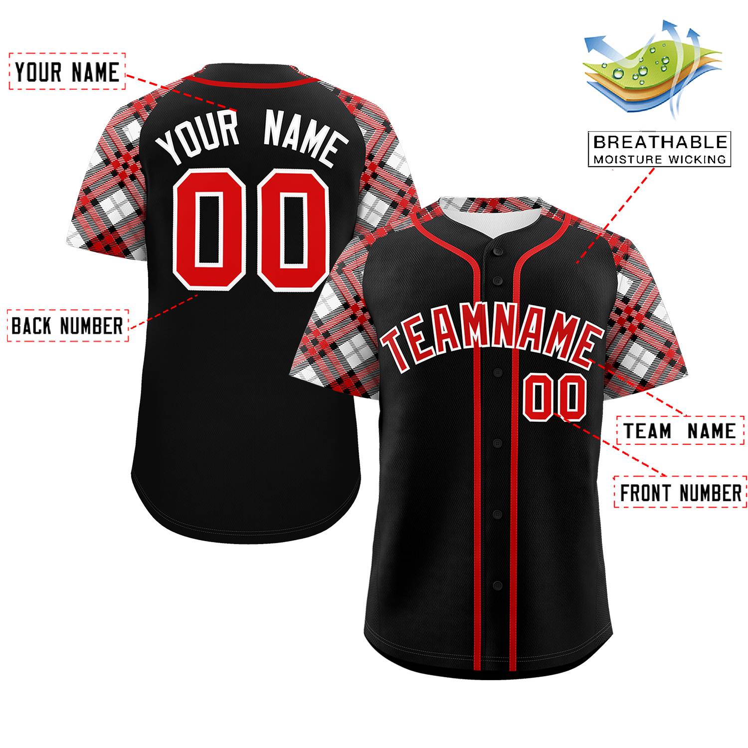 Custom Black Red-White Personalized Raglan Sleeves Authentic Baseball Jersey