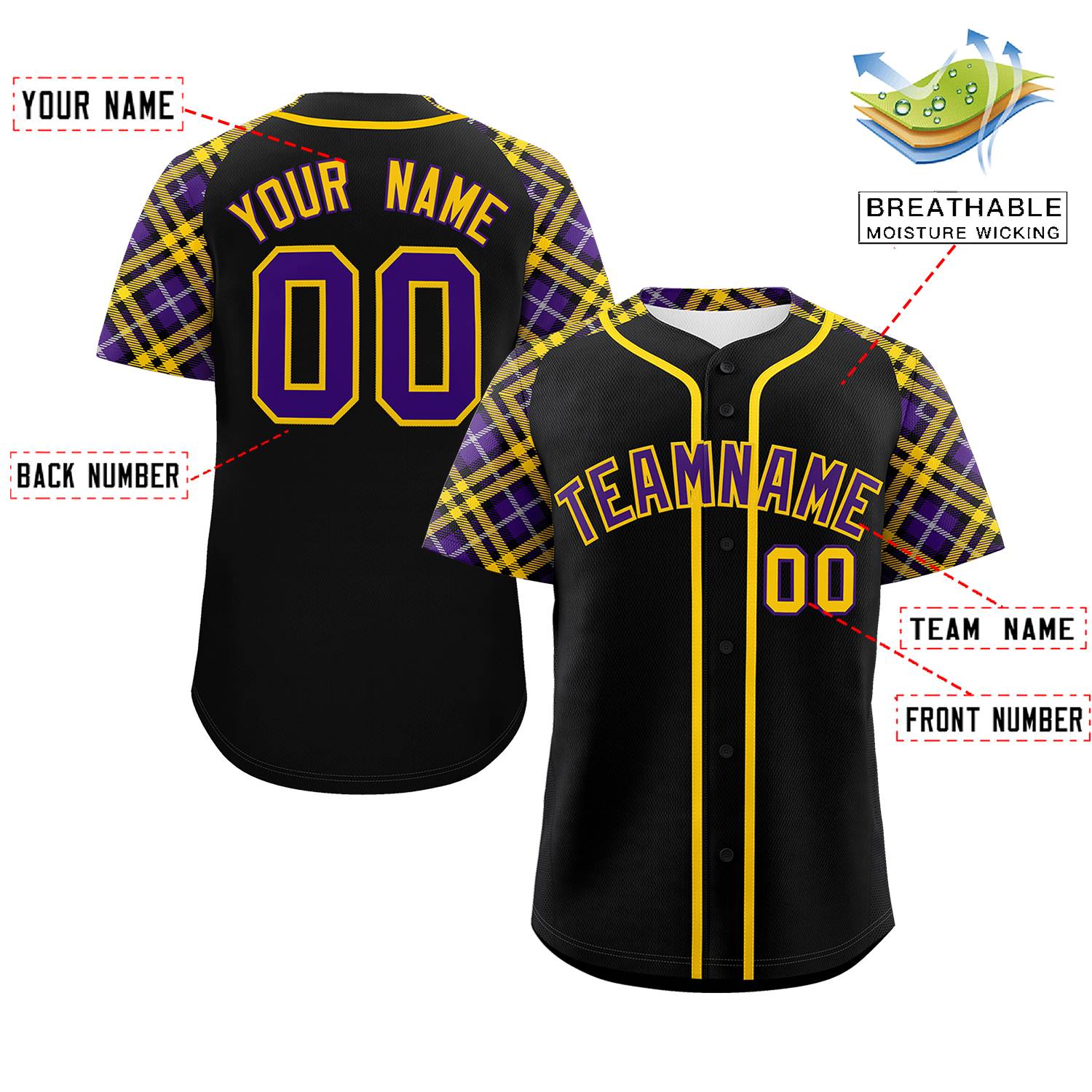 Custom Black Purple-Gold Personalized Raglan Sleeves Authentic Baseball Jersey