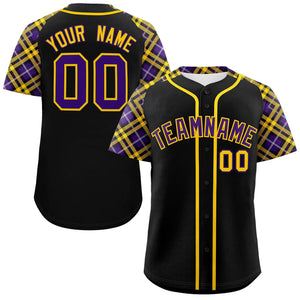 Custom Black Purple-Gold Personalized Raglan Sleeves Authentic Baseball Jersey