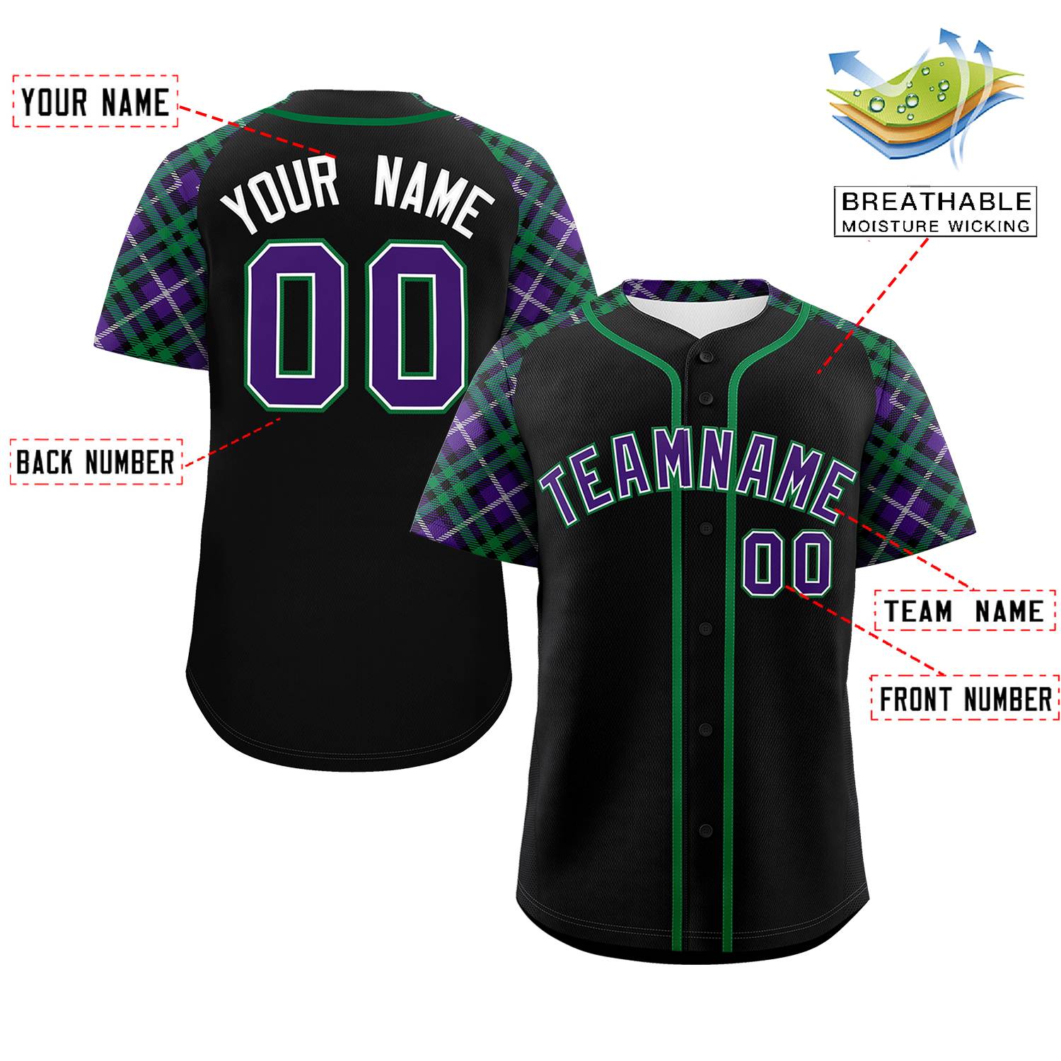 Custom Black Purple-Teal Personalized Raglan Sleeves Authentic Baseball Jersey