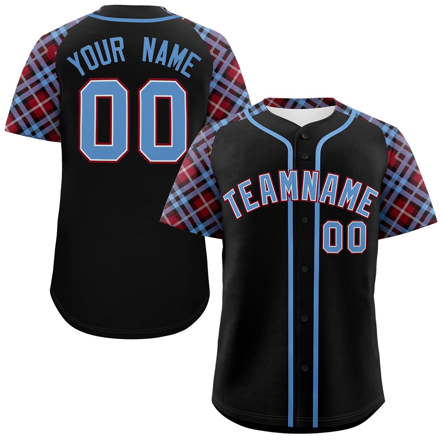 Custom Black Light Blue-Crimson Personalized Raglan Sleeves Authentic Baseball Jersey