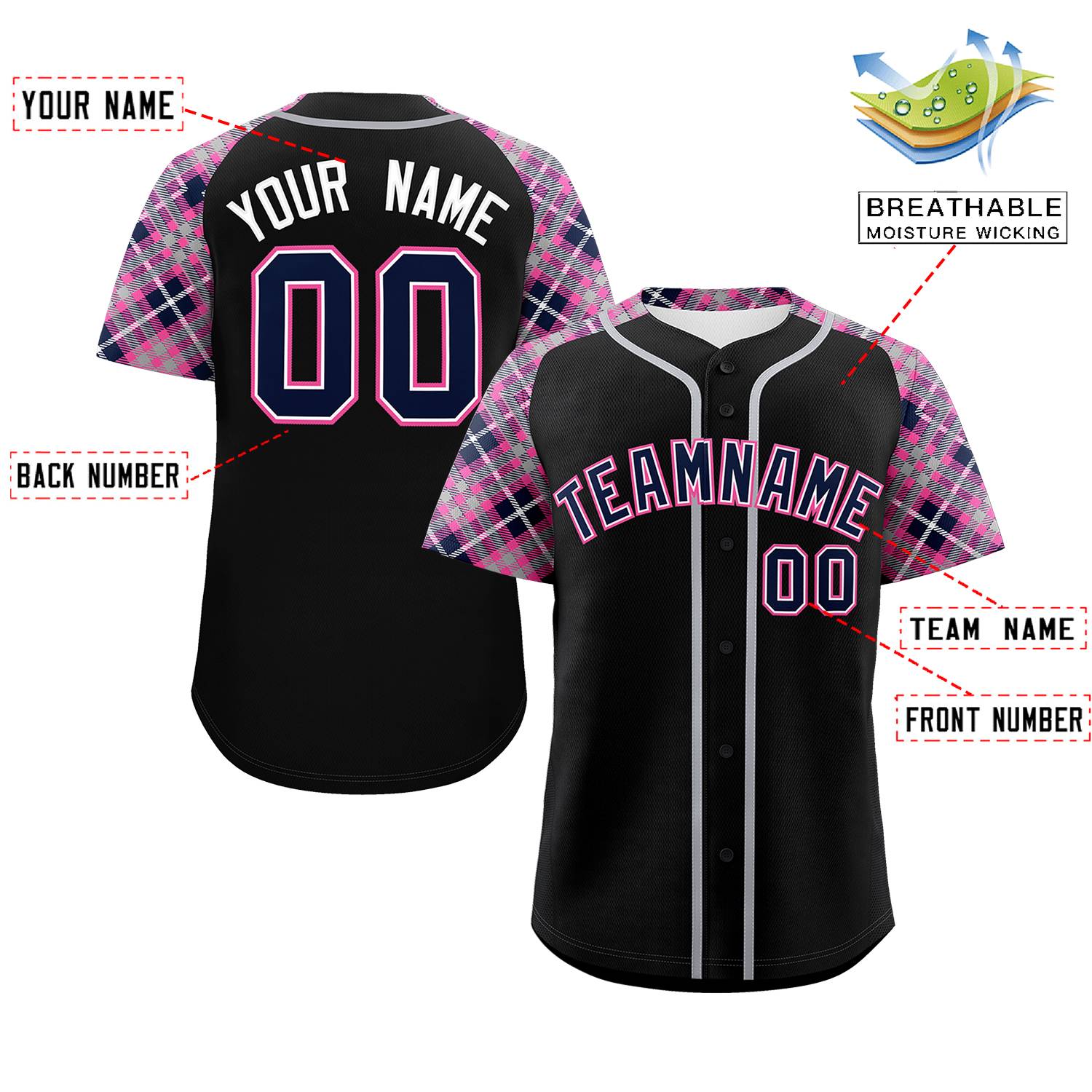 Custom Black Navy-Pink Personalized Raglan Sleeves Authentic Baseball Jersey