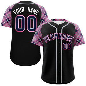 Custom Black Navy-Pink Personalized Raglan Sleeves Authentic Baseball Jersey