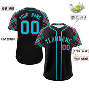 Custom Black Sky Blue-Crimson Personalized Raglan Sleeves Authentic Baseball Jersey