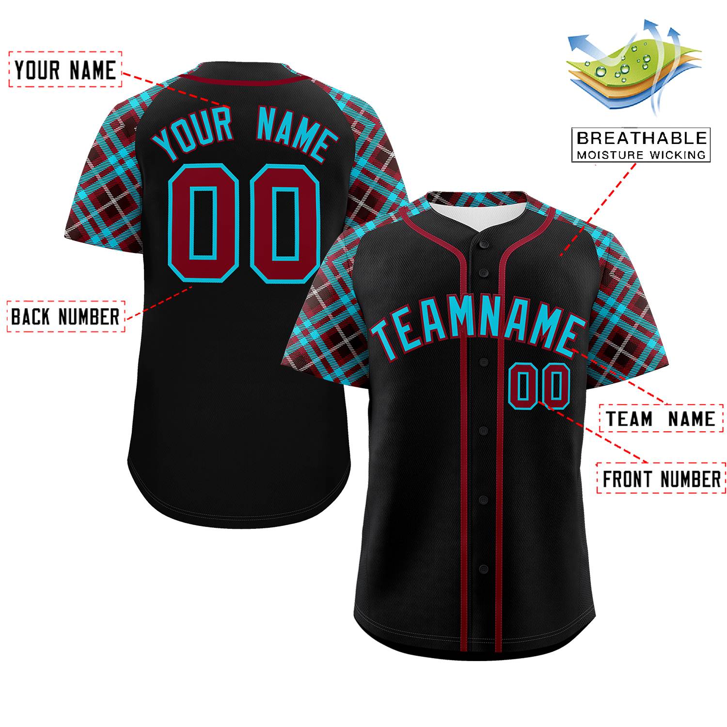 Custom Black Sky Blue-Crimson Personalized Raglan Sleeves Authentic Baseball Jersey