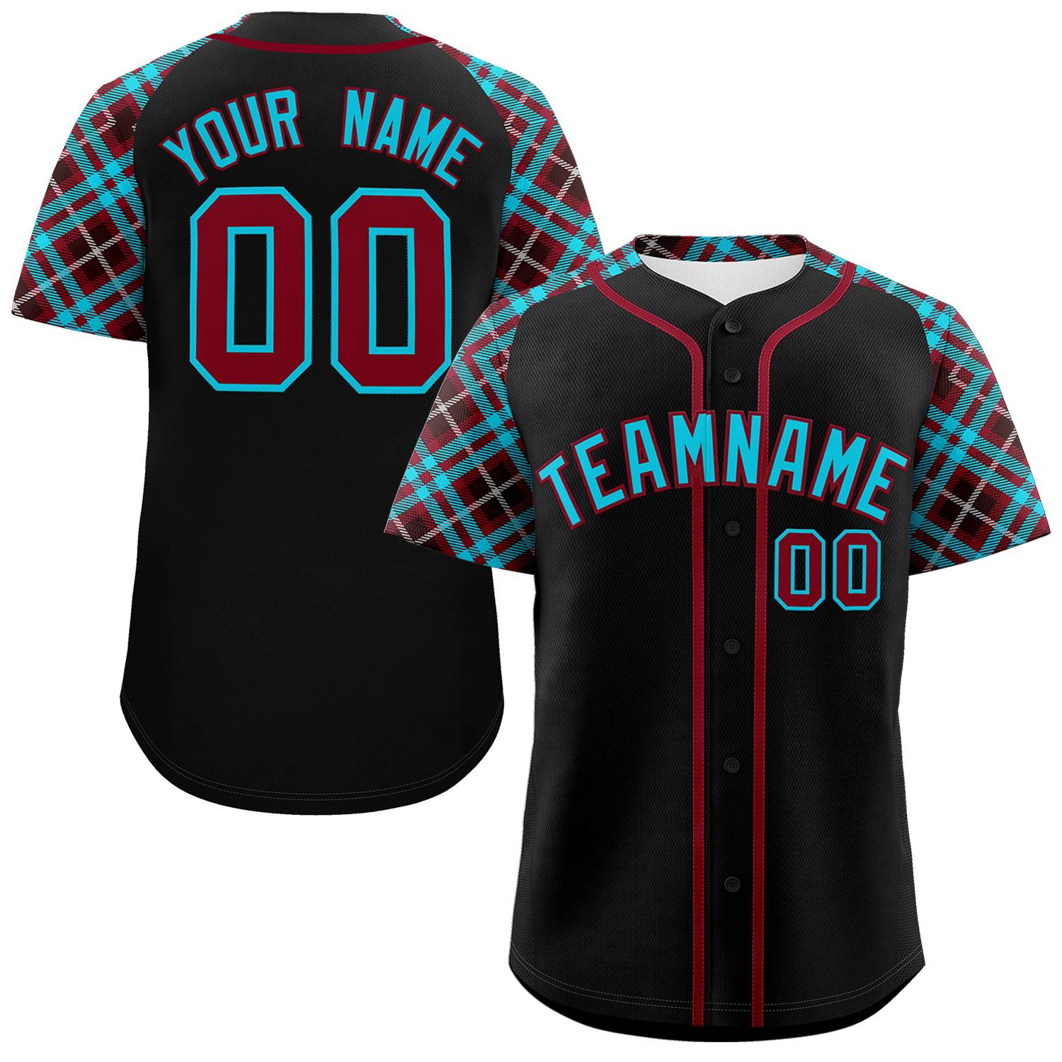 Custom Black Sky Blue-Crimson Personalized Raglan Sleeves Authentic Baseball Jersey