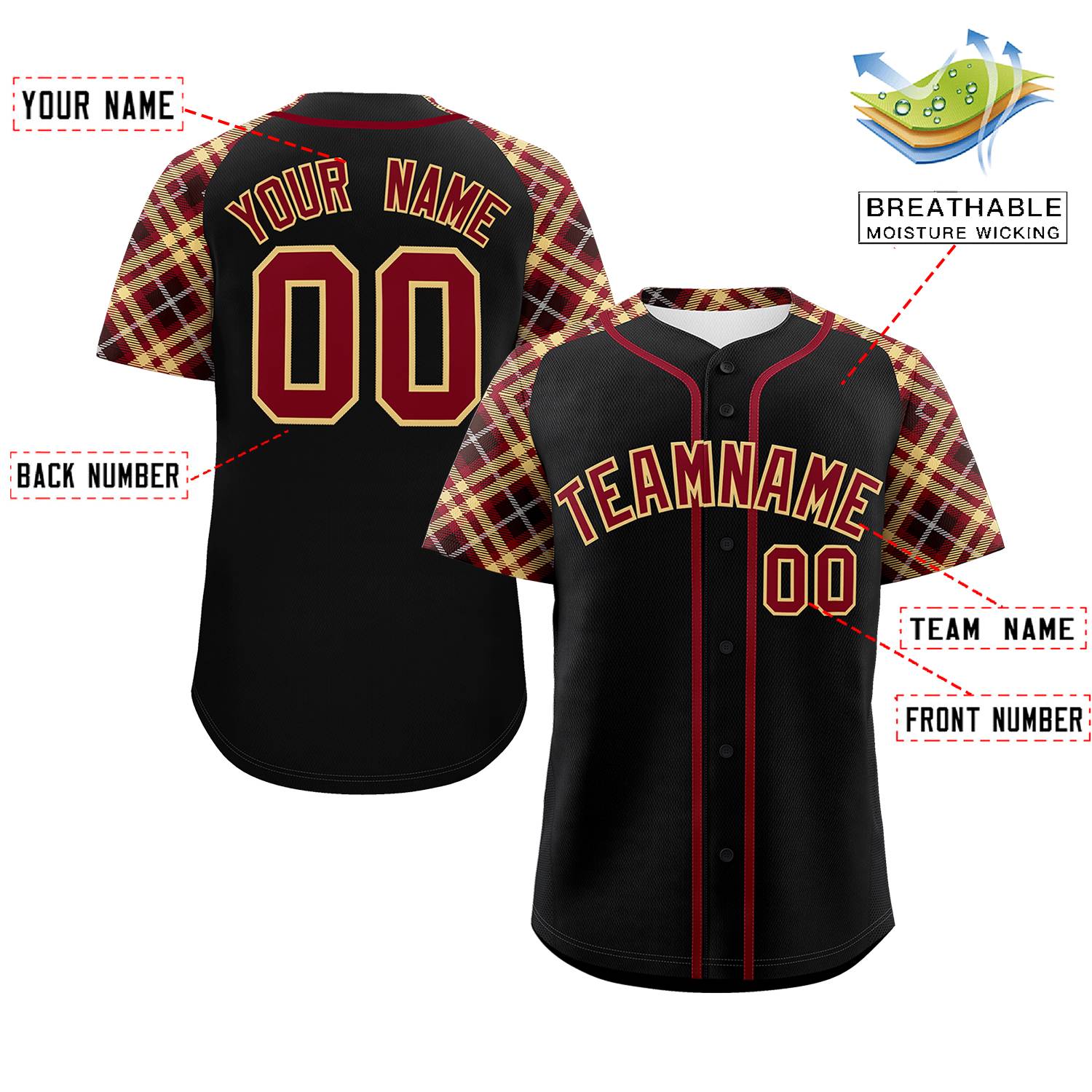 Custom Black Crimson-Old Gold Personalized Raglan Sleeves Authentic Baseball Jersey