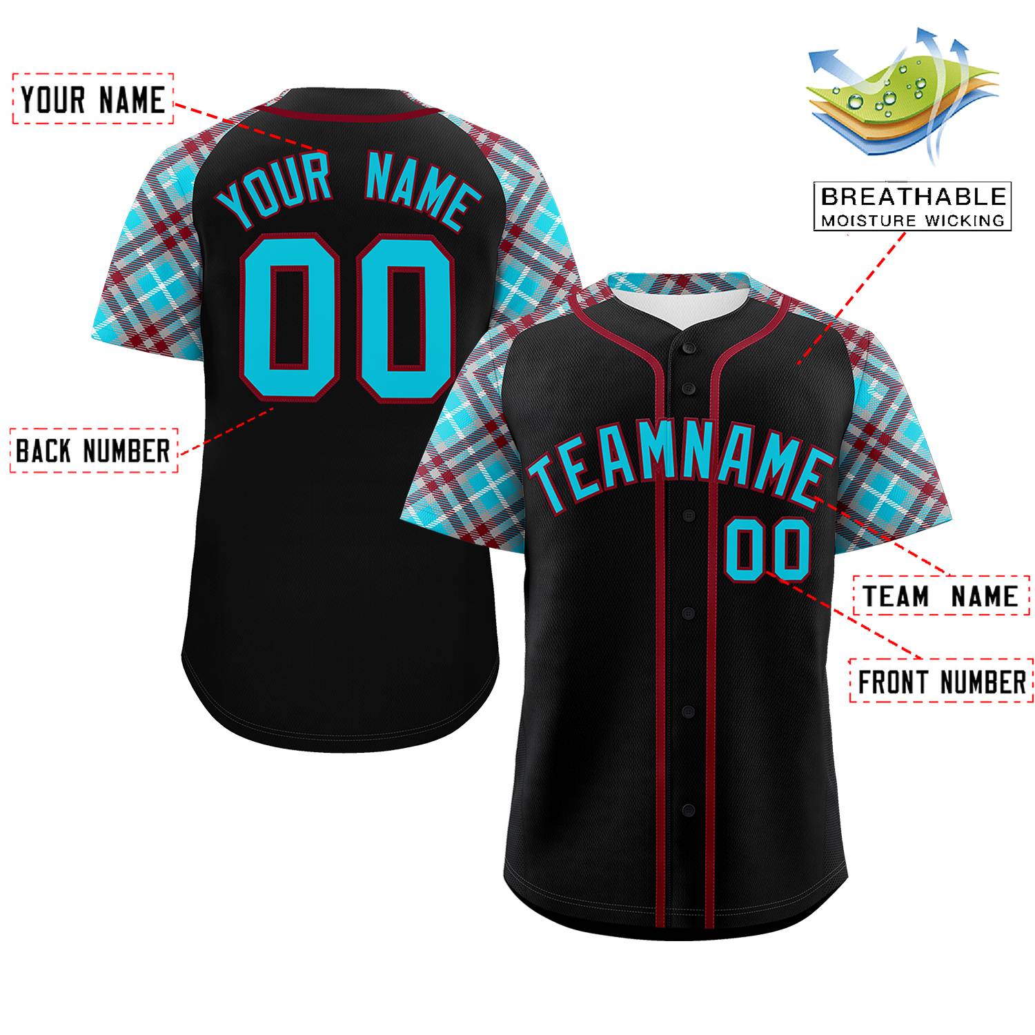 Custom Black Sky Blue-Crimson Personalized Raglan Sleeves Authentic Baseball Jersey