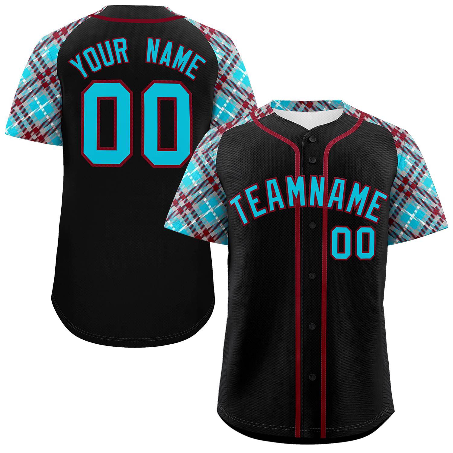 Custom Black Sky Blue-Crimson Personalized Raglan Sleeves Authentic Baseball Jersey