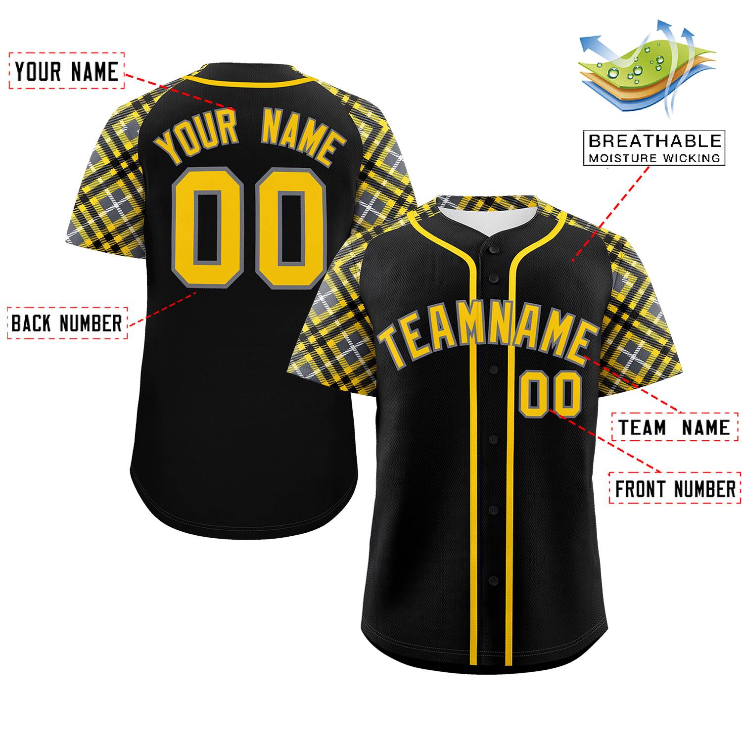 Custom Black Gold-Gray Personalized Raglan Sleeves Authentic Baseball Jersey