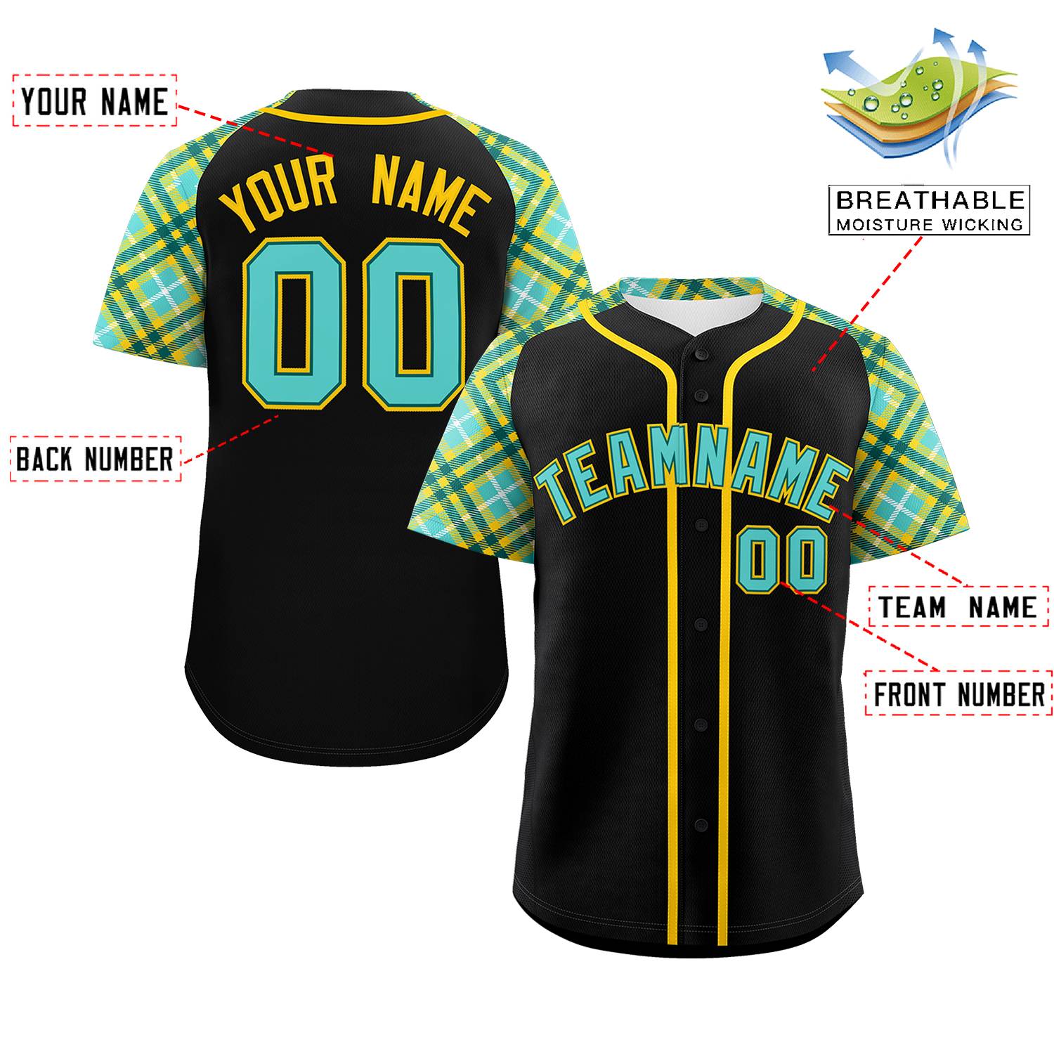 Custom Black Bright Green-Gold Personalized Raglan Sleeves Authentic Baseball Jersey