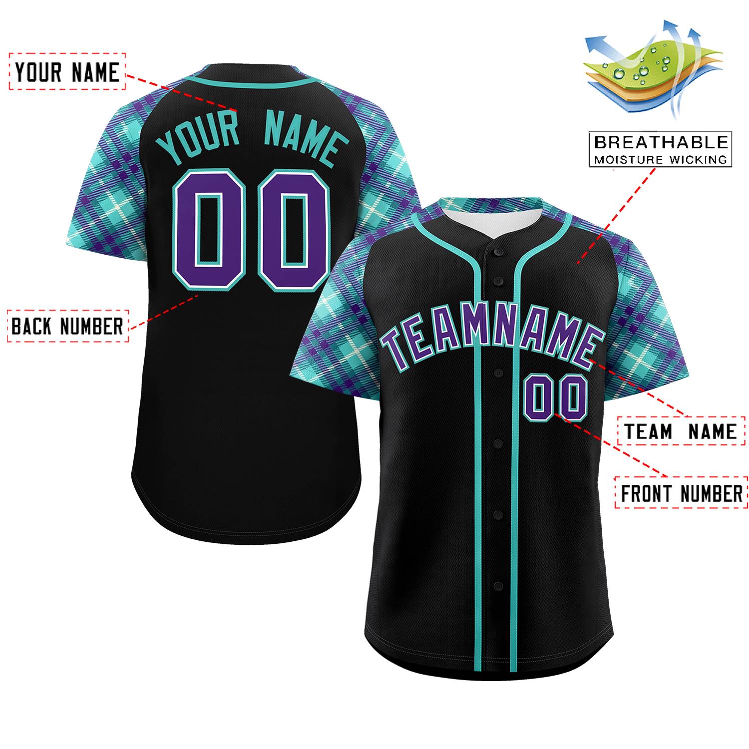 Custom Black Purple-Bright Green Personalized Raglan Sleeves Authentic Baseball Jersey