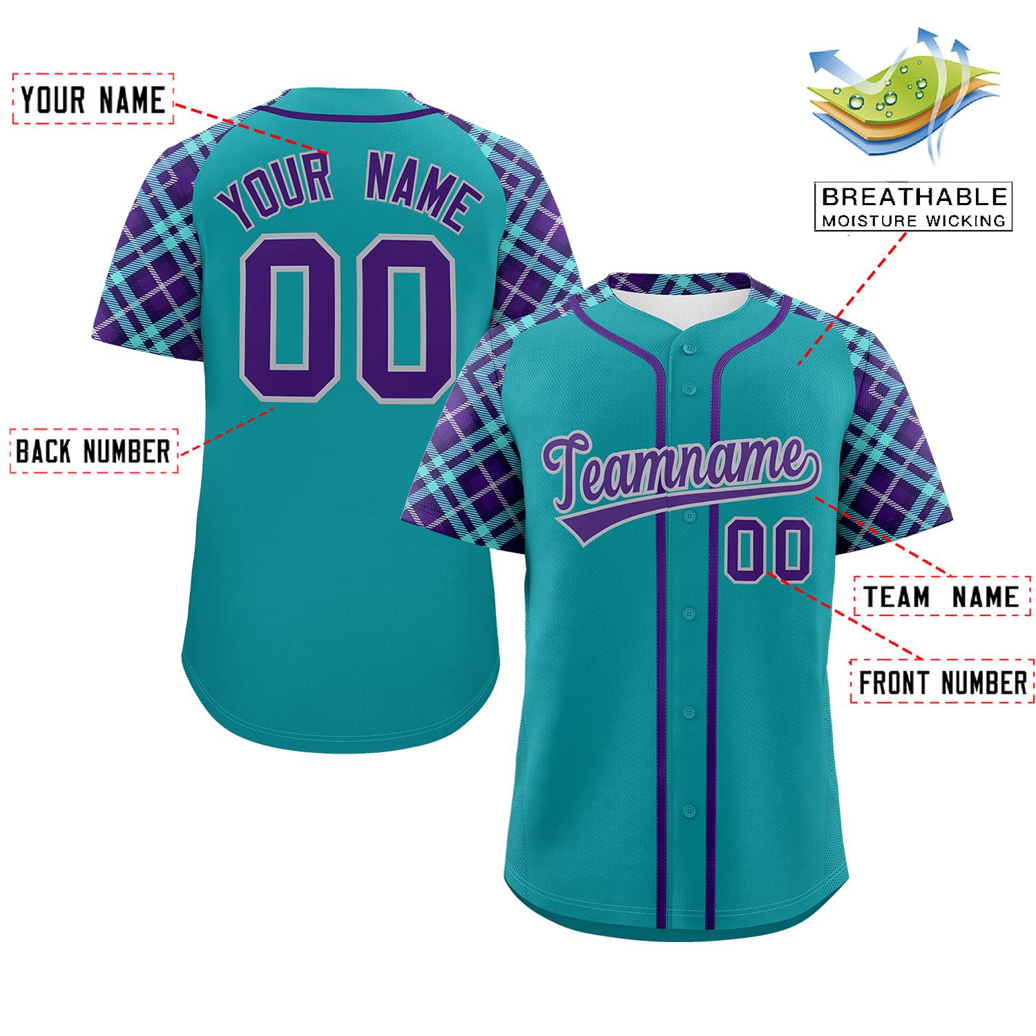 Custom Aqua Purple-Gray Personalized Raglan Sleeves Authentic Baseball Jersey