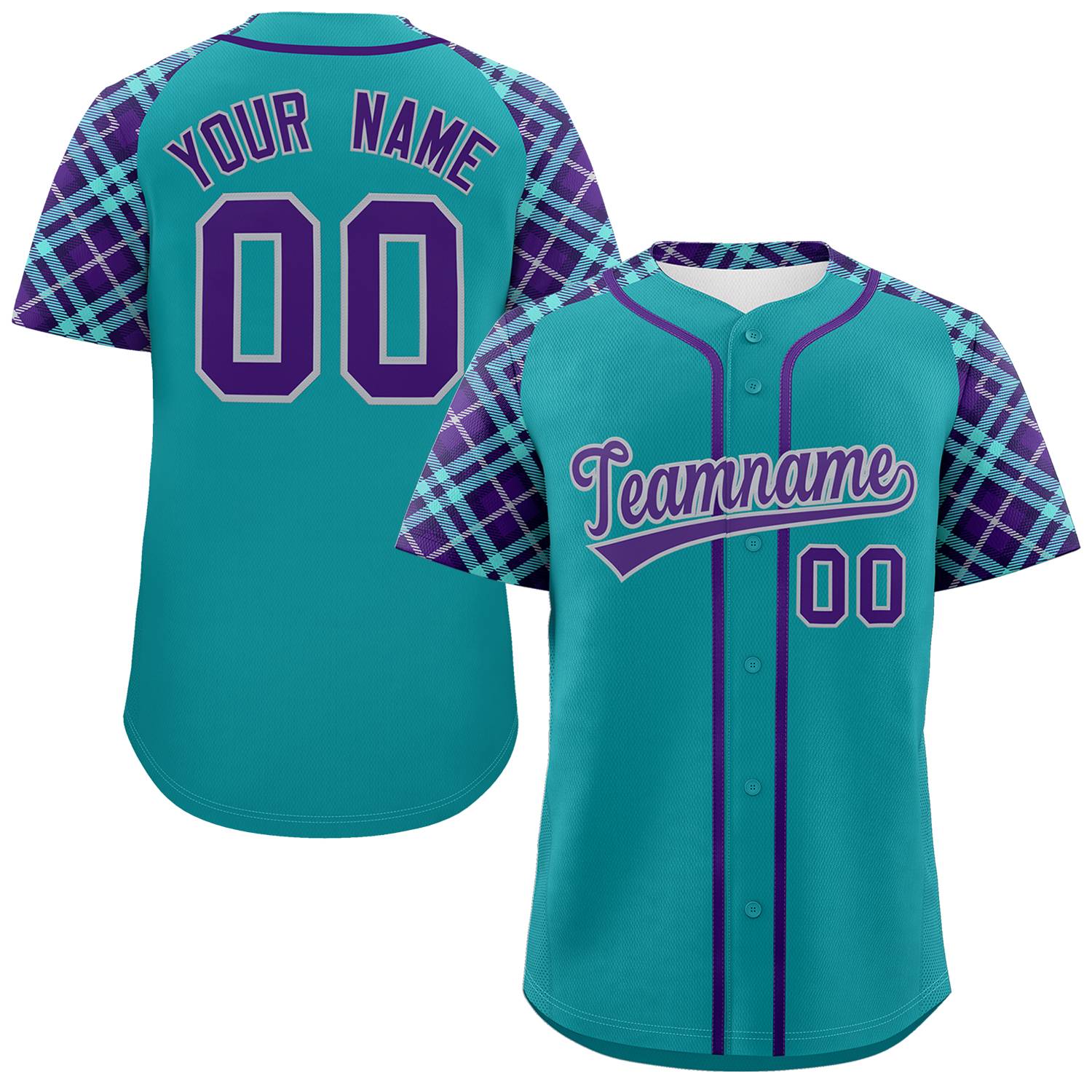 Custom Aqua Purple-Gray Personalized Raglan Sleeves Authentic Baseball Jersey