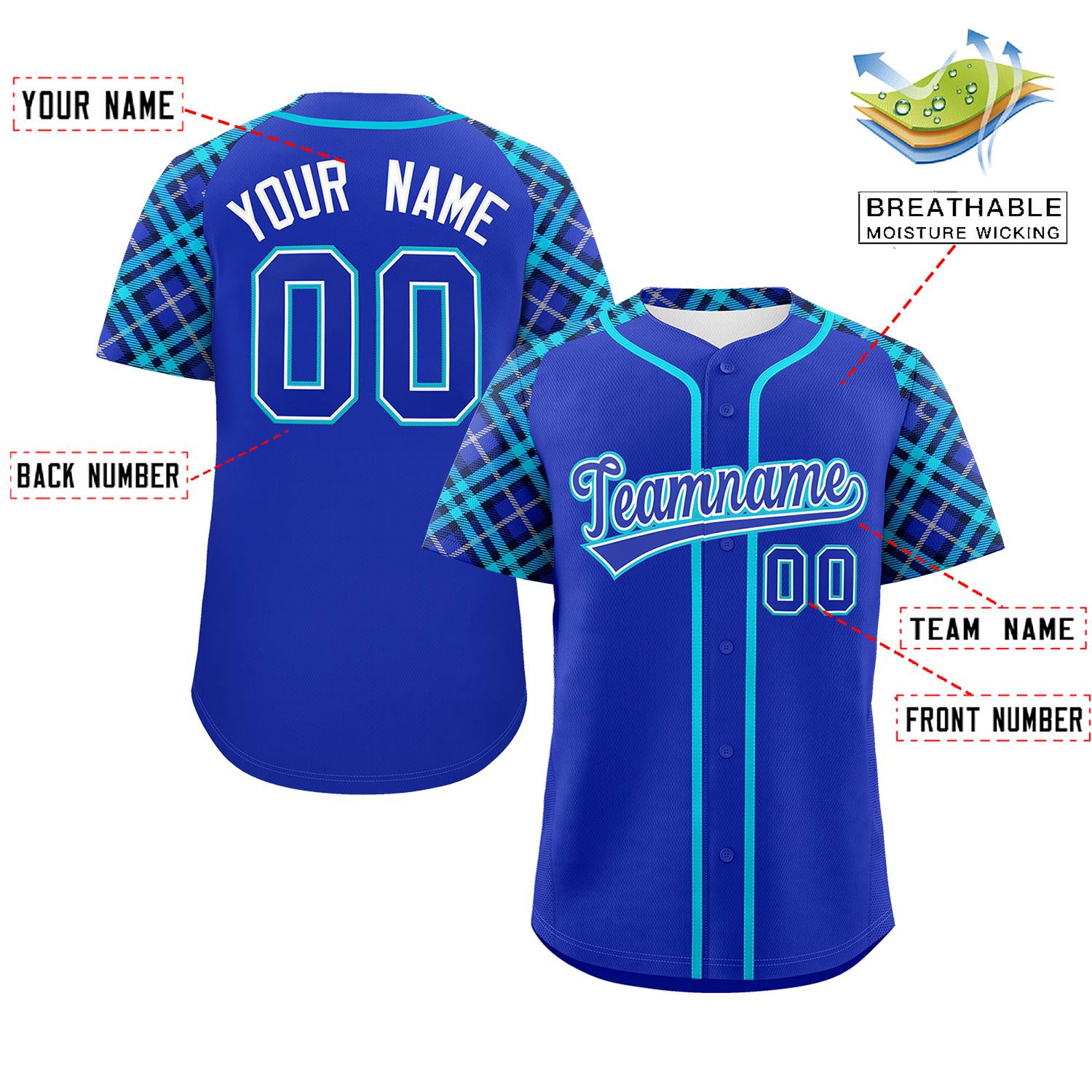 Custom Royal-Sky Blue Personalized Raglan Sleeves Authentic Baseball Jersey