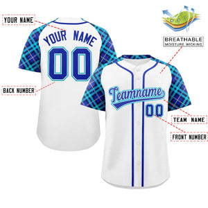 Custom White Royal-Sky Blue Personalized Raglan Sleeves Authentic Baseball Jersey