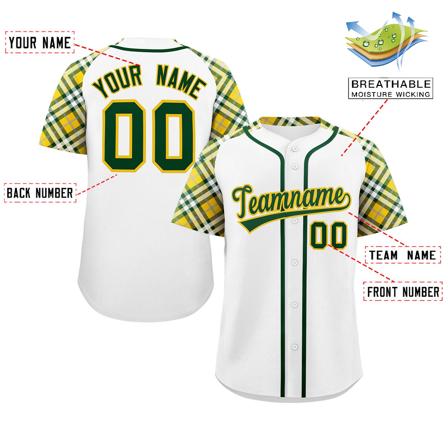 Custom White Green-Gold Personalized Raglan Sleeves Authentic Baseball Jersey