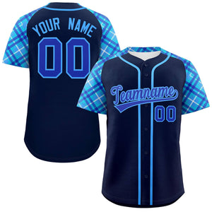 Custom Navy Royal-Powder Blue Personalized Raglan Sleeves Authentic Baseball Jersey