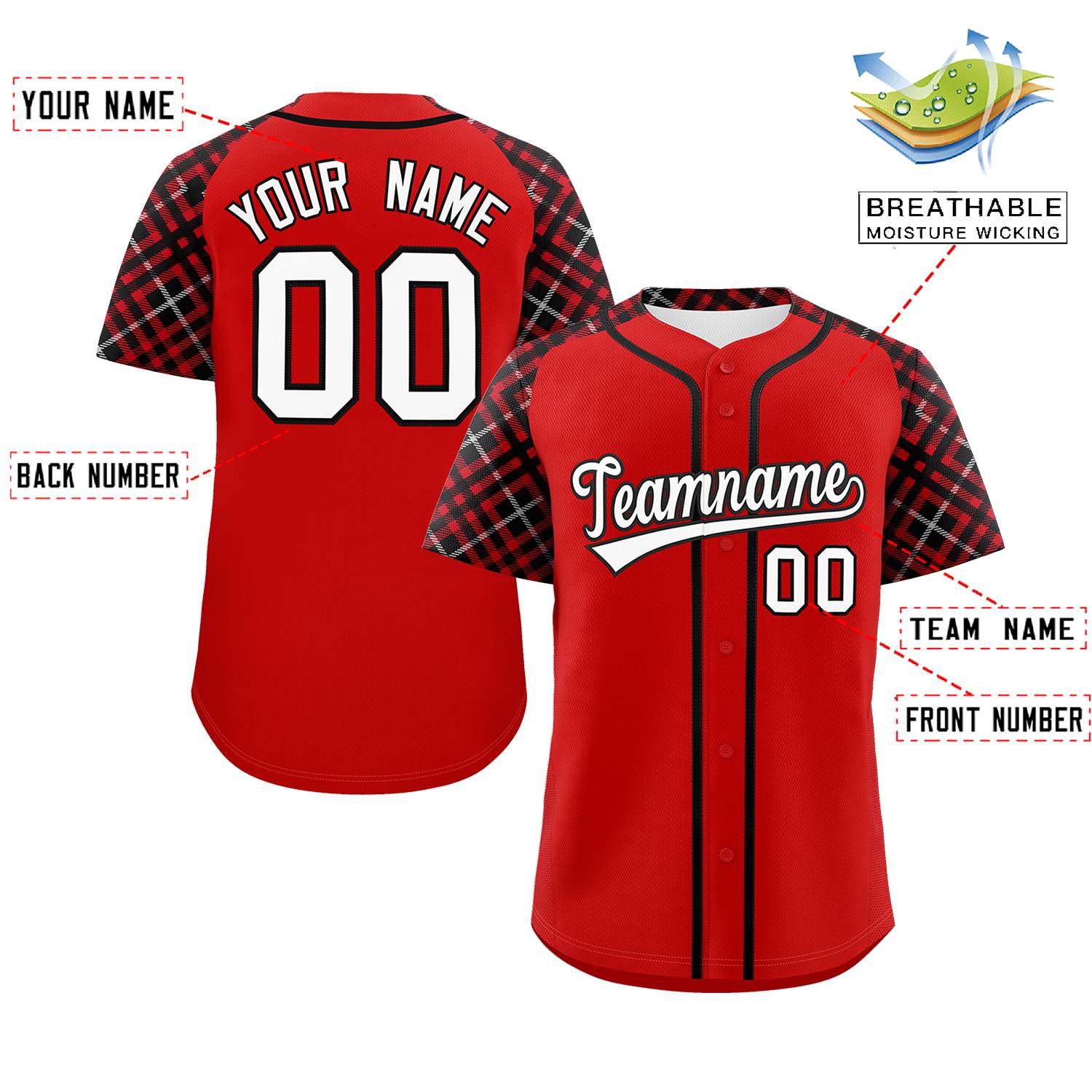 Custom Red White-Black Personalized Raglan Sleeves Authentic Baseball Jersey