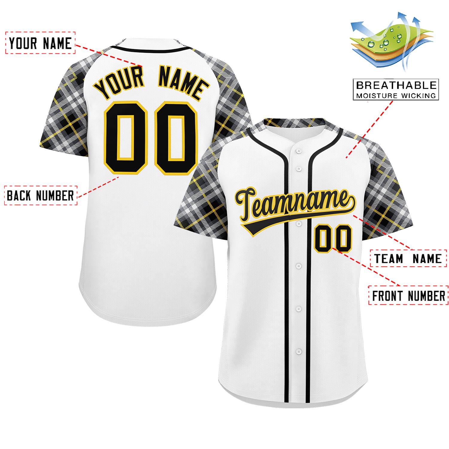 Custom White Black-Gold Personalized Raglan Sleeves Authentic Baseball Jersey