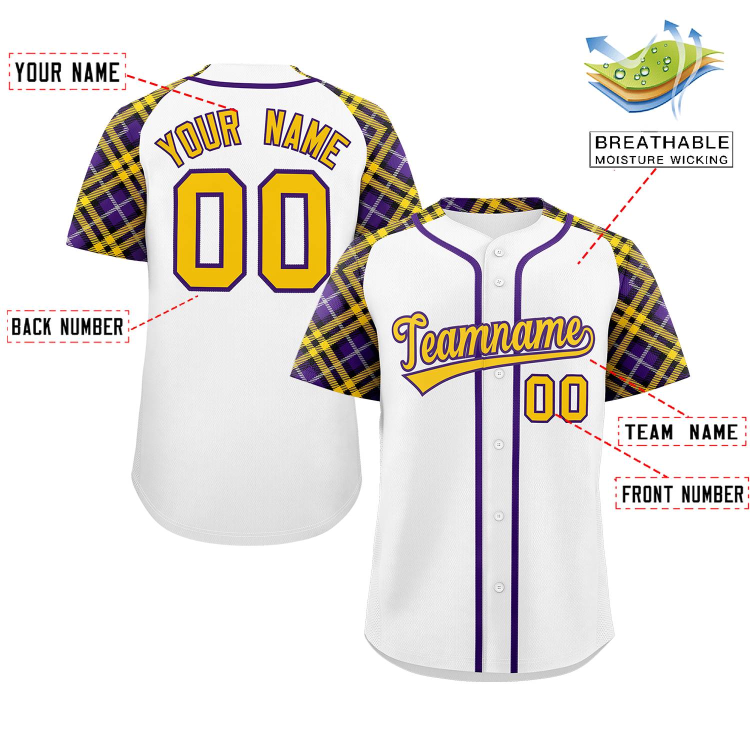 Custom White Gold-Purple Personalized Raglan Sleeves Authentic Baseball Jersey