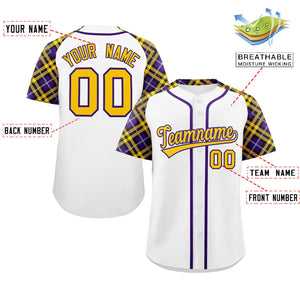 Custom White Gold-Purple Personalized Raglan Sleeves Authentic Baseball Jersey