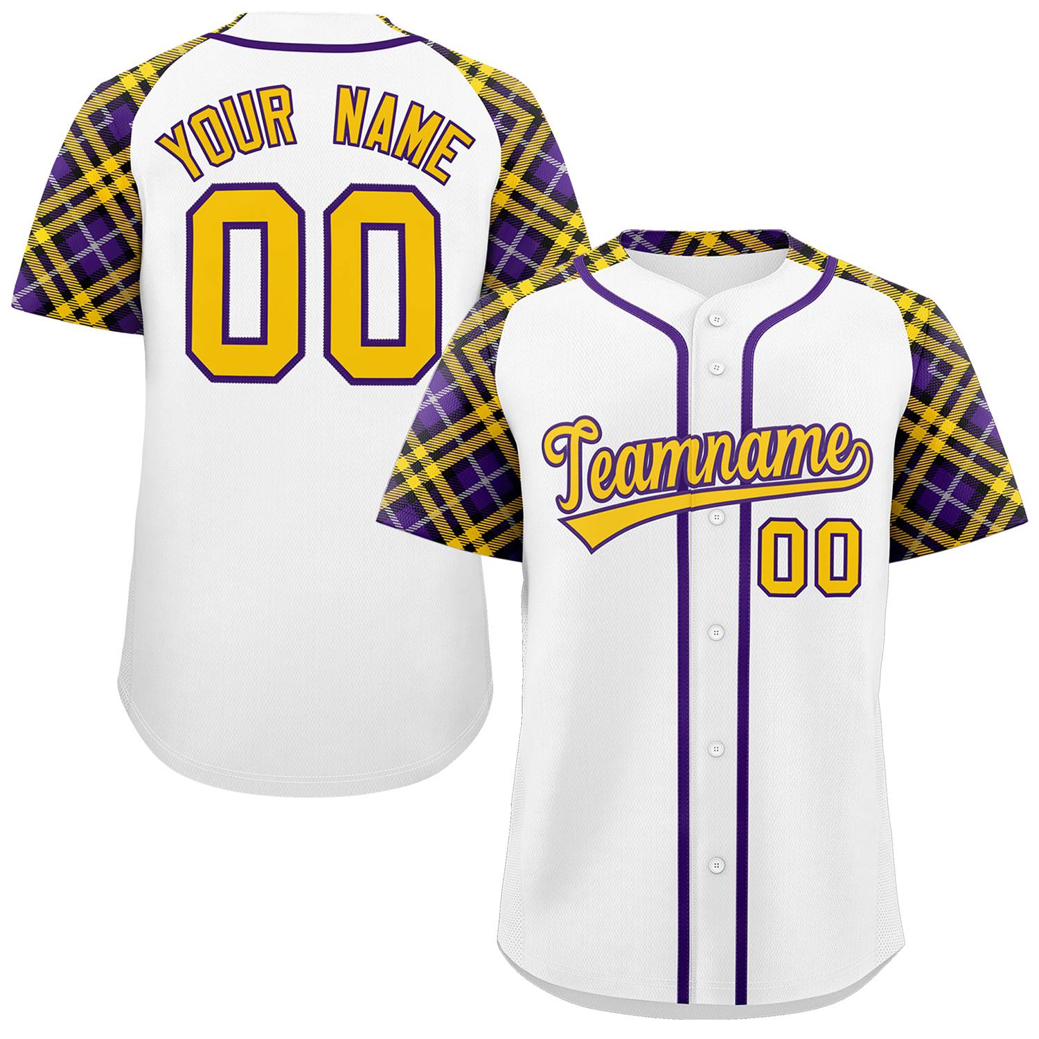 Custom White Gold-Purple Personalized Raglan Sleeves Authentic Baseball Jersey