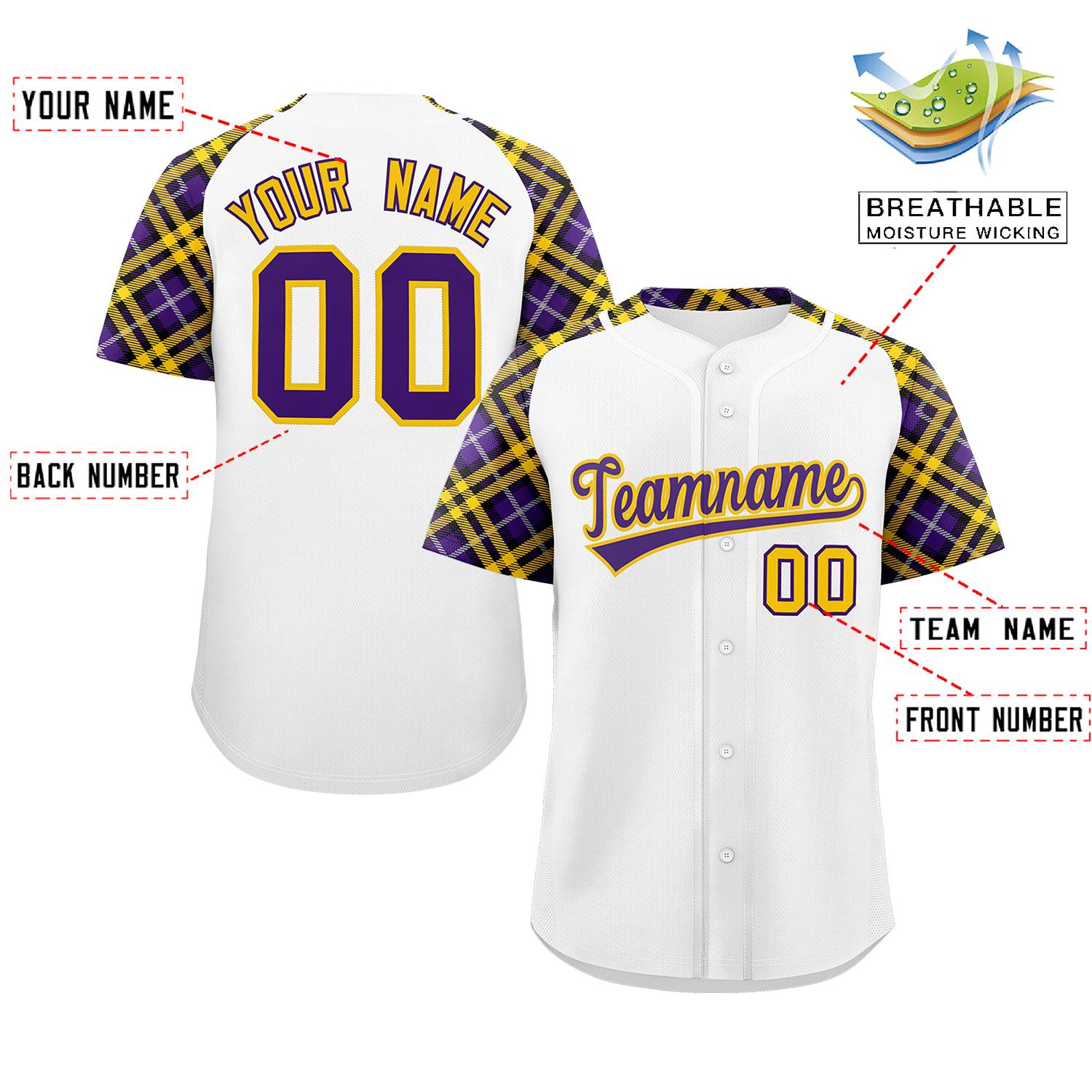 Custom White Purple-Gold Personalized Raglan Sleeves Authentic Baseball Jersey