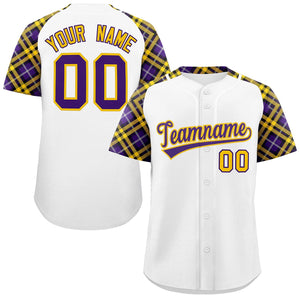 Custom White Purple-Gold Personalized Raglan Sleeves Authentic Baseball Jersey