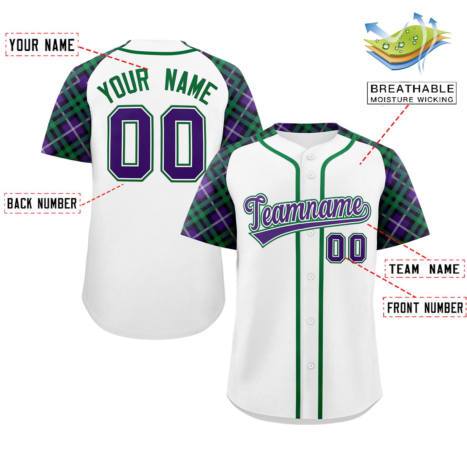 Custom White Purple-Kelly Green Personalized Raglan Sleeves Authentic Baseball Jersey