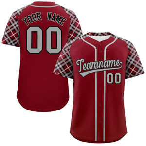 Custom Crimson Gray-Black Personalized Raglan Sleeves Authentic Baseball Jersey