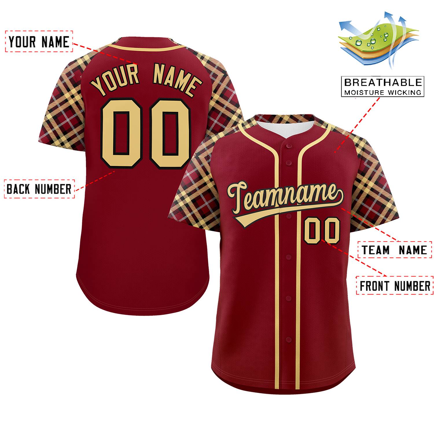 Custom Crimson Khaki-Black Personalized Raglan Sleeves Authentic Baseball Jersey