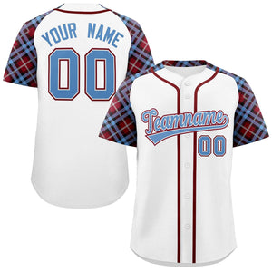 Custom White Light Blue-Crimson Personalized Raglan Sleeves Authentic Baseball Jersey