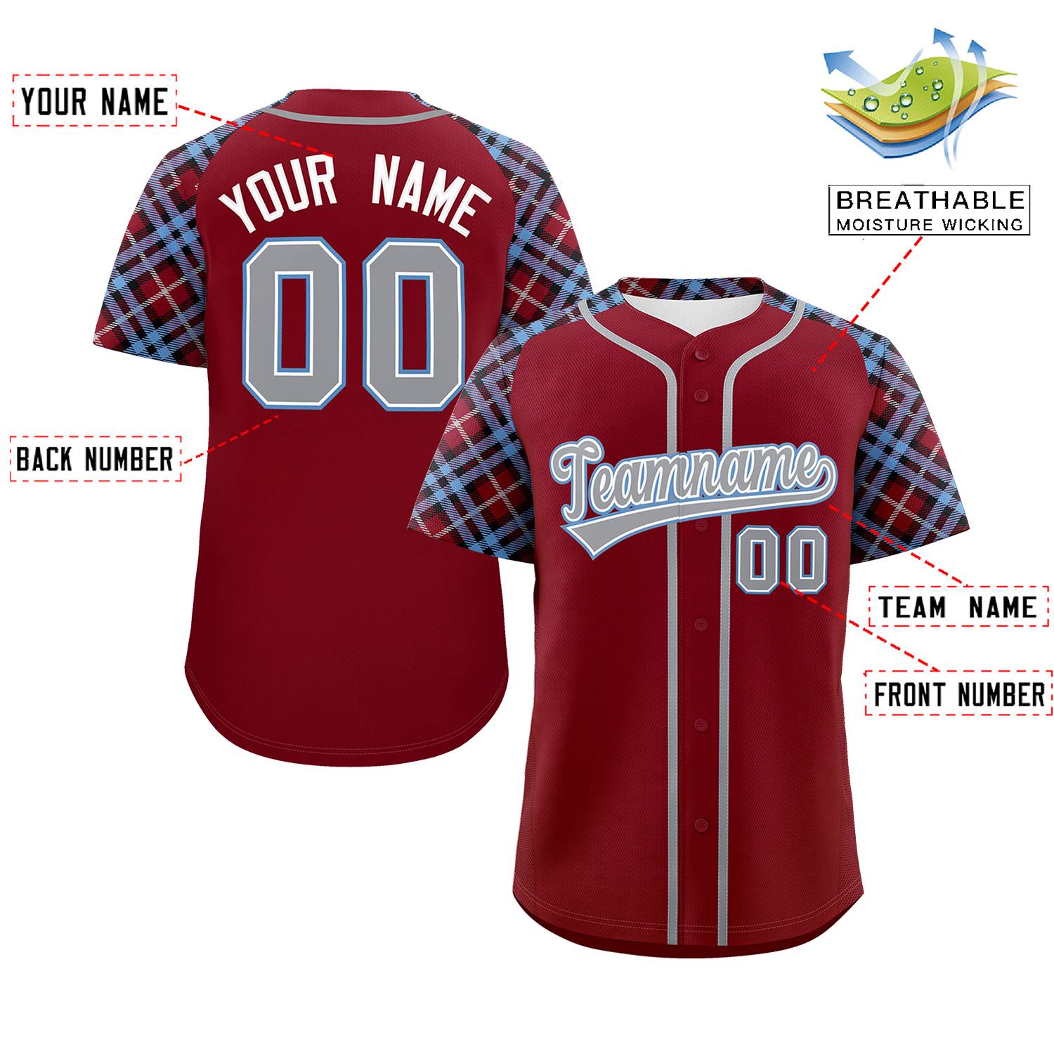 Custom Crimson Gray-Light Blue Personalized Raglan Sleeves Authentic Baseball Jersey