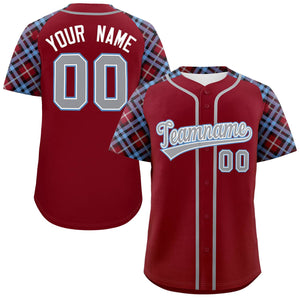 Custom Crimson Gray-Light Blue Personalized Raglan Sleeves Authentic Baseball Jersey