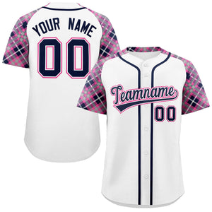 Custom White Navy-Pink Personalized Raglan Sleeves Authentic Baseball Jersey