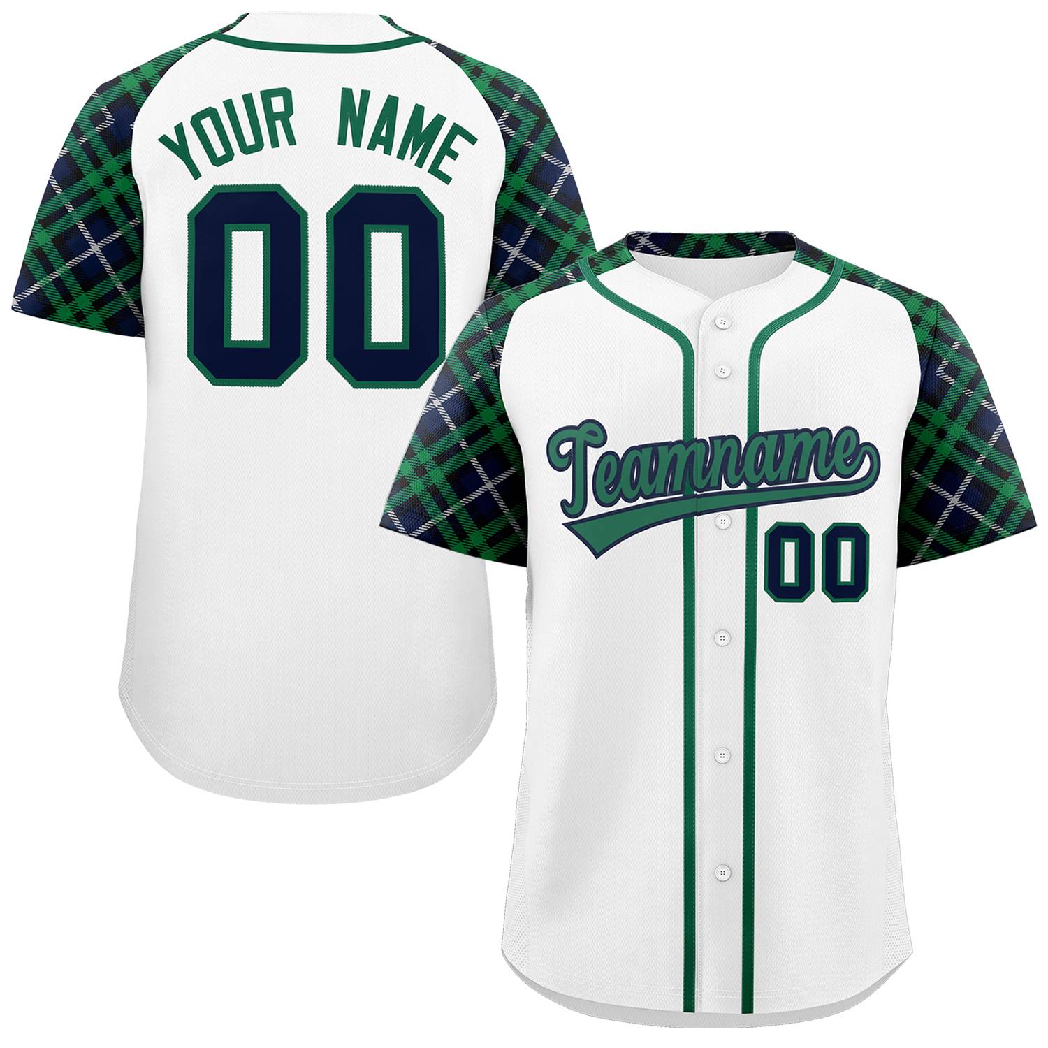 Custom White Kelly Green-Navy Personalized Raglan Sleeves Authentic Baseball Jersey