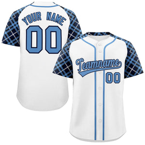 Custom White Light Blue-Navy Personalized Raglan Sleeves Authentic Baseball Jersey