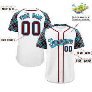 Custom White Sky Blue-Crimson Personalized Raglan Sleeves Authentic Baseball Jersey